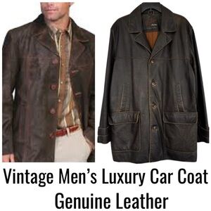 Men’s Leather Jacket Car Coat Distressed Dark Brown Vintage 90s Retro Size Large